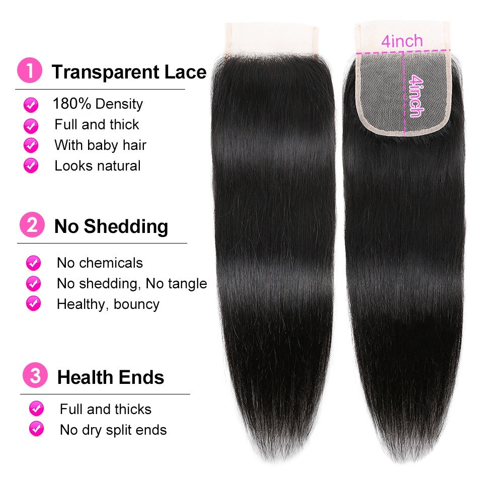5x5 Transparent HD Lace Closure Human Hair Straight Virgin Human Hair 4x4 Closure Pre-plucked Natural Black with Baby Hair