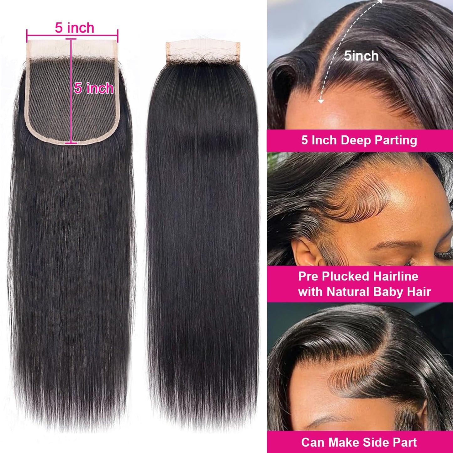 5x5 Transparent HD Lace Closure Human Hair Straight Virgin Human Hair 4x4 Closure Pre-plucked Natural Black with Baby Hair