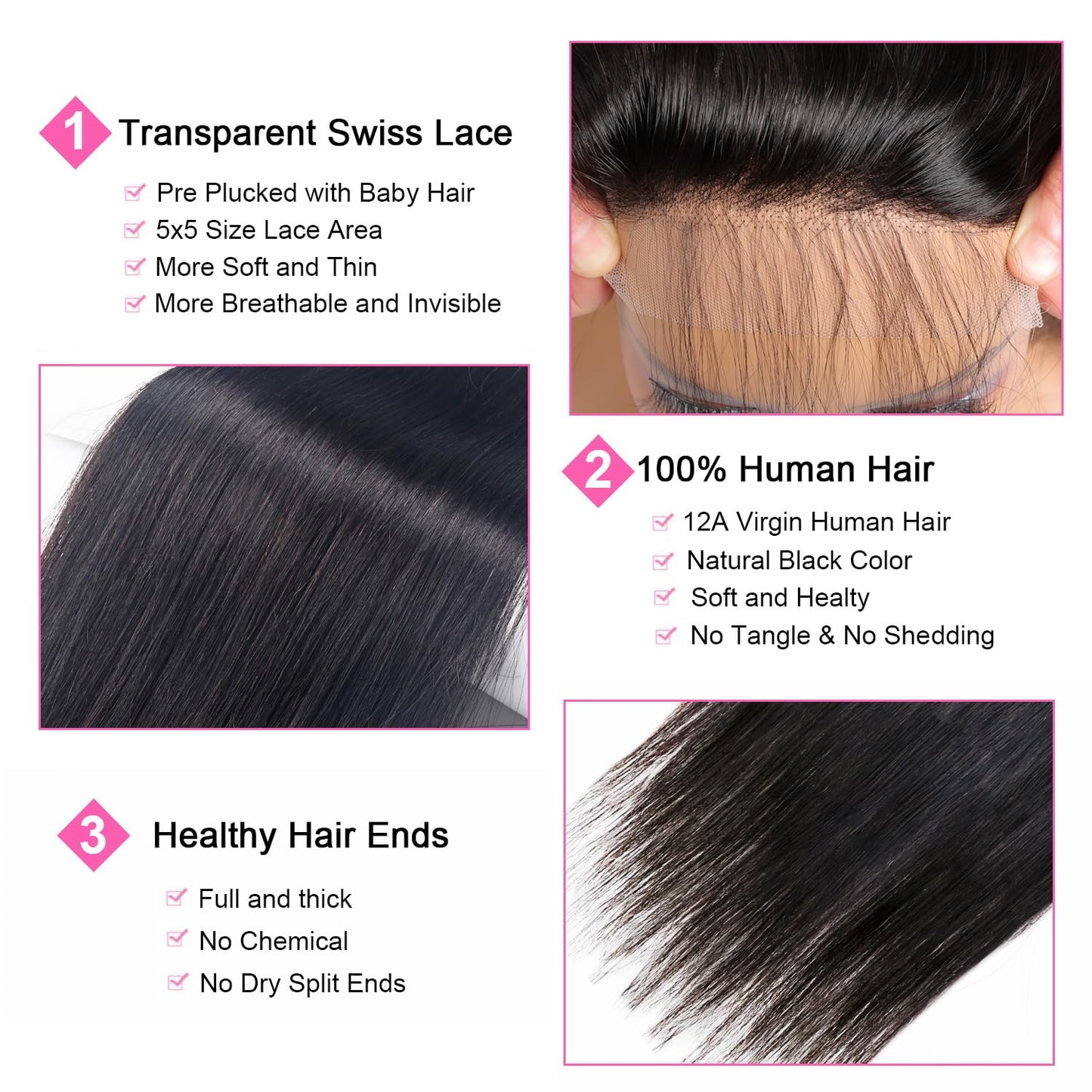 5x5 Transparent HD Lace Closure Human Hair Straight Virgin Human Hair 4x4 Closure Pre-plucked Natural Black with Baby Hair