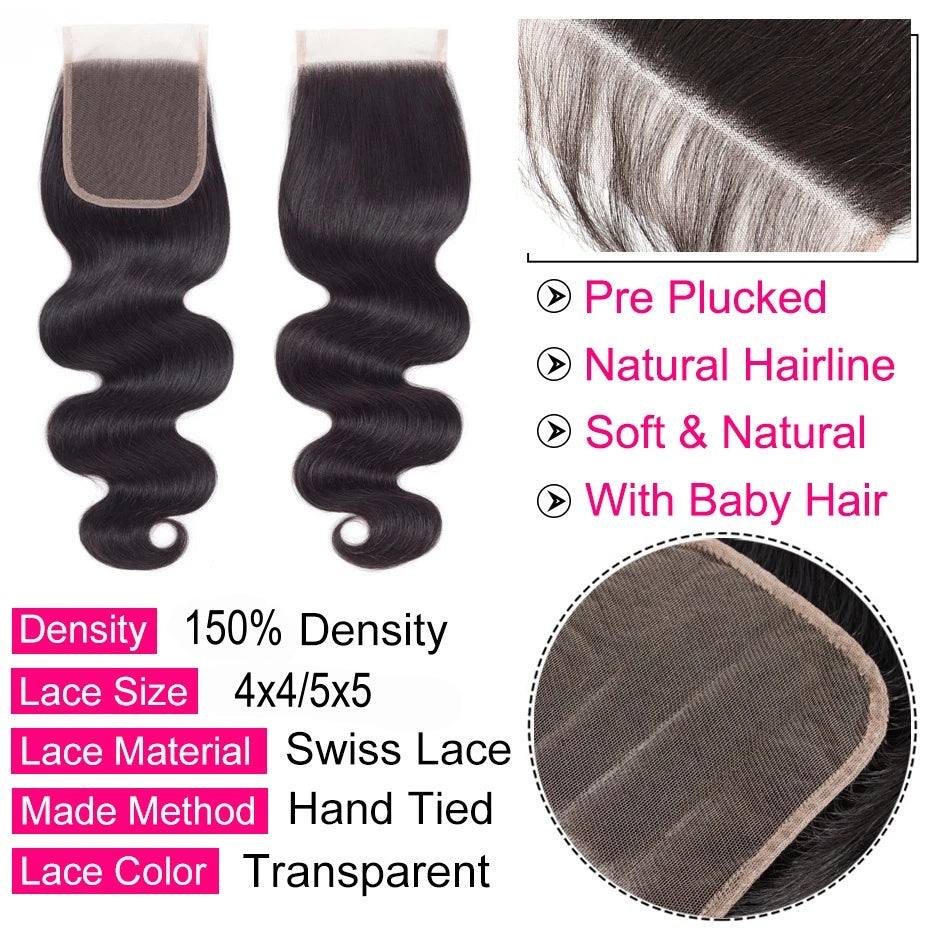 5x5 Transparent HD Lace Closure Human Hair Body Wave Virgin Human Hair 4x4 Closure Pre-plucked Natural Black with Baby Hair