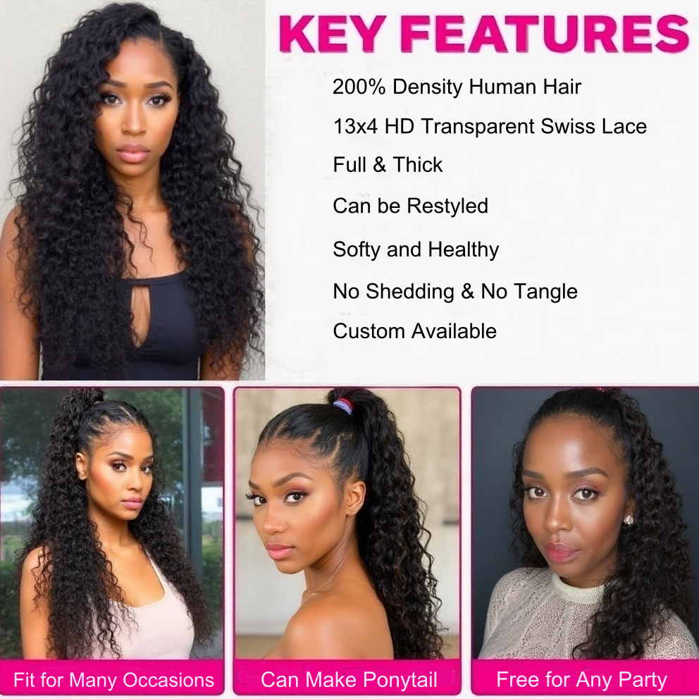 Deep Wave Lace Front Wigs Human Hair 200% Density 13x4 HD Lace Frontal Wigs Curly Human Hair Wig for Women Pre Plucked with Baby Hair