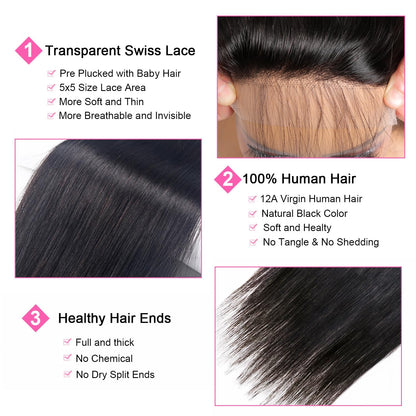 5x5 Transparent HD Lace Closure Human Hair Straight Virgin Human Hair 4x4 Closure Pre-plucked Natural Black with Baby Hair