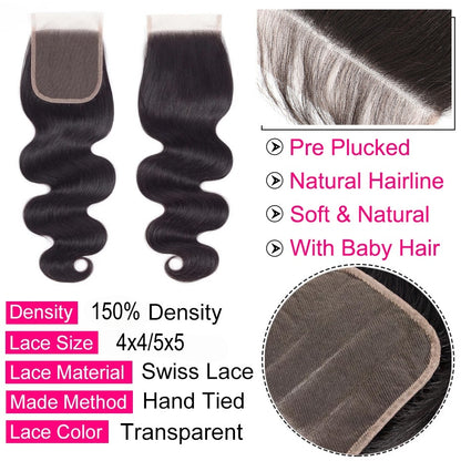 5x5 Transparent HD Lace Closure Human Hair Body Wave Virgin Human Hair 4x4 Closure Pre-plucked Natural Black with Baby Hair